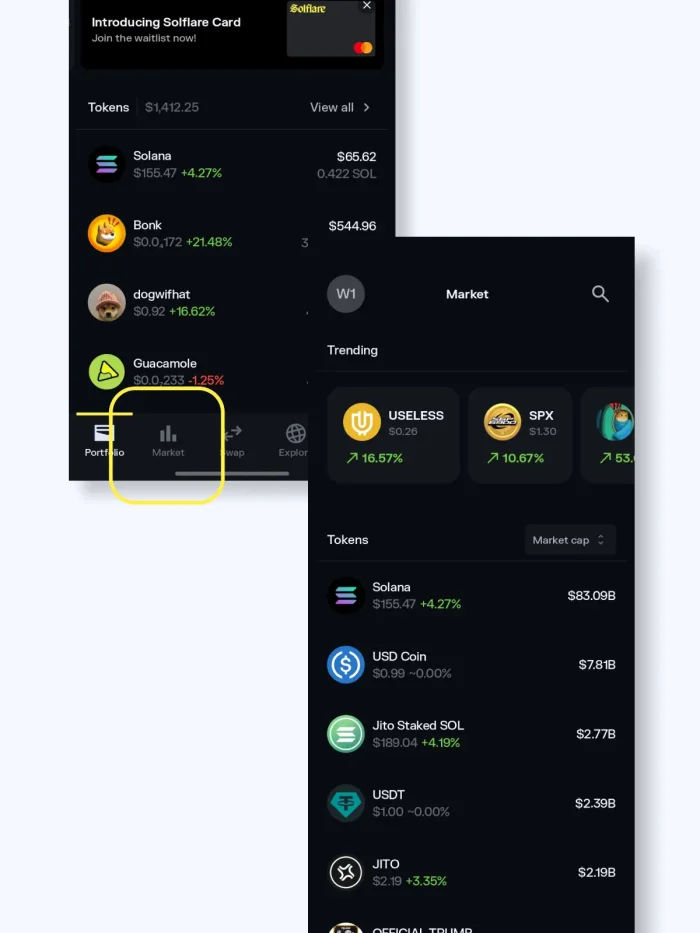 Solflare wallet app market tab