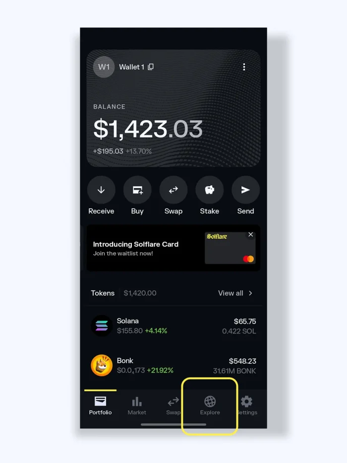 Solflare wallet app screenshot - explore tab