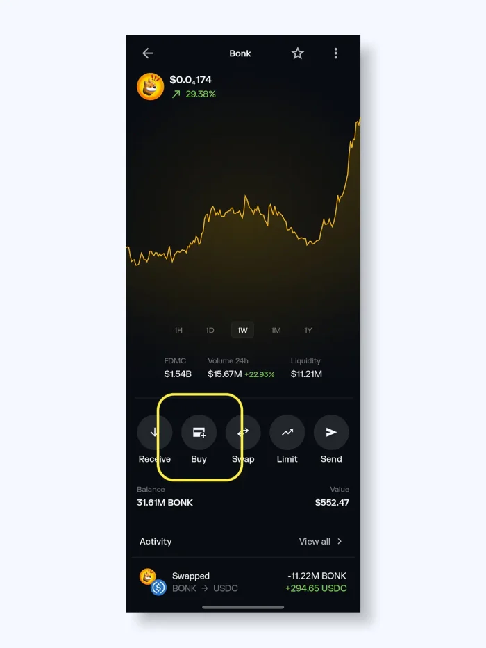Solflare wallet app token page - buy button