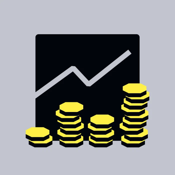 illustration showing piled coins with graph in the back
