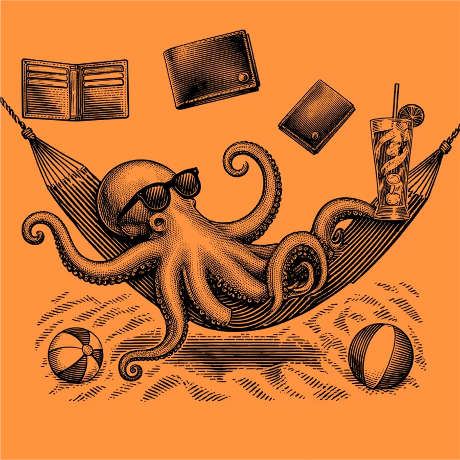an octopus relaxing on the beach while handling multiple wallets